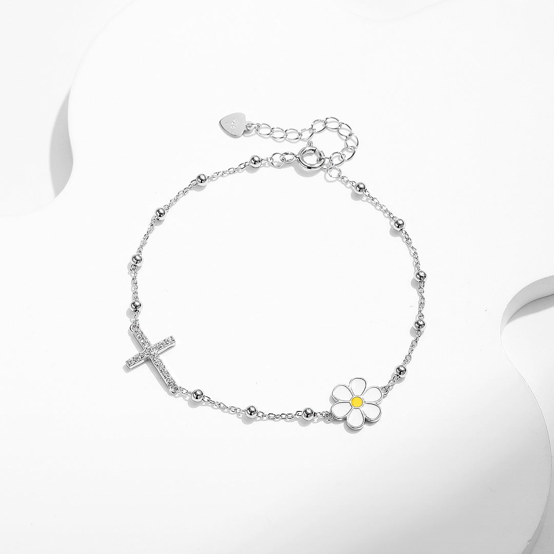 Daisy Cross Bead Link Bracelet | Diamond Simulant | 925 Sterling Silver | Prm9113 - Bracelets | Singapore Jewellery, Wedding Rings &amp; Gifts | Same Day Delivery | Tiara.com.sg