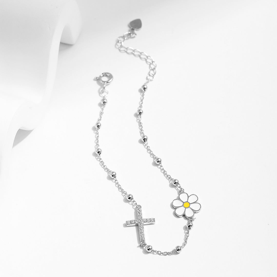 Daisy Cross Bead Link Bracelet | Diamond Simulant | 925 Sterling Silver | Prm9113 - Bracelets | Singapore Jewellery, Wedding Rings &amp; Gifts | Same Day Delivery | Tiara.com.sg