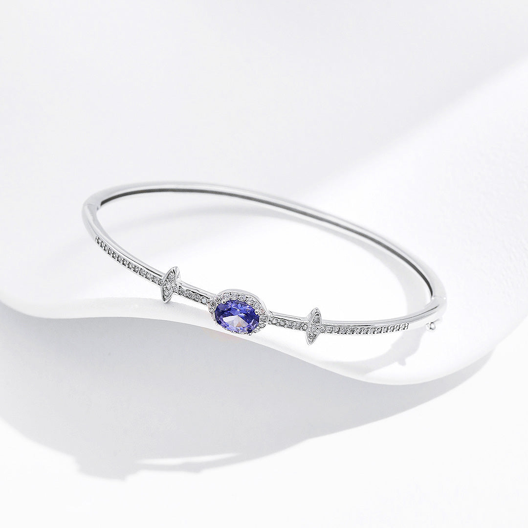 Sapphire Blue Oval Halo Bangle | Diamond Simulant | Prm9118 - Bracelets | Singapore Jewellery, Wedding Rings &amp; Gifts | Same Day Delivery | Tiara.com.sg