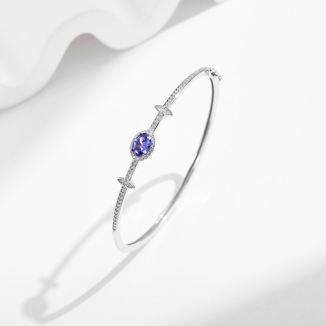 Sapphire Blue Oval Halo Bangle | Diamond Simulant | Prm9118 - Bracelets | Singapore Jewellery, Wedding Rings &amp; Gifts | Same Day Delivery | Tiara.com.sg