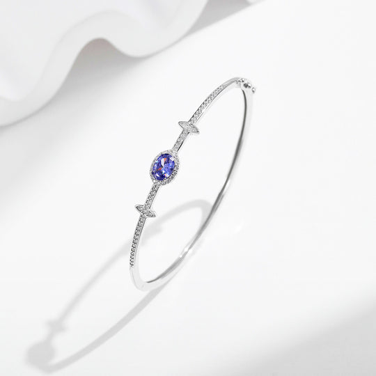 Sapphire Blue Oval Halo Bangle | Diamond Simulant | Prm9118 - Bracelets | Singapore Jewellery, Wedding Rings &amp; Gifts | Same Day Delivery | Tiara.com.sg