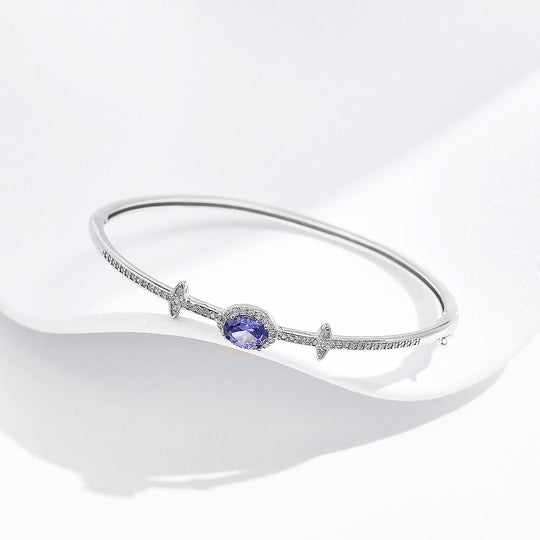 Sapphire Blue Oval Halo Bangle | Diamond Simulant | Prm9118 - Bracelets | Singapore Jewellery, Wedding Rings &amp; Gifts | Same Day Delivery | Tiara.com.sg