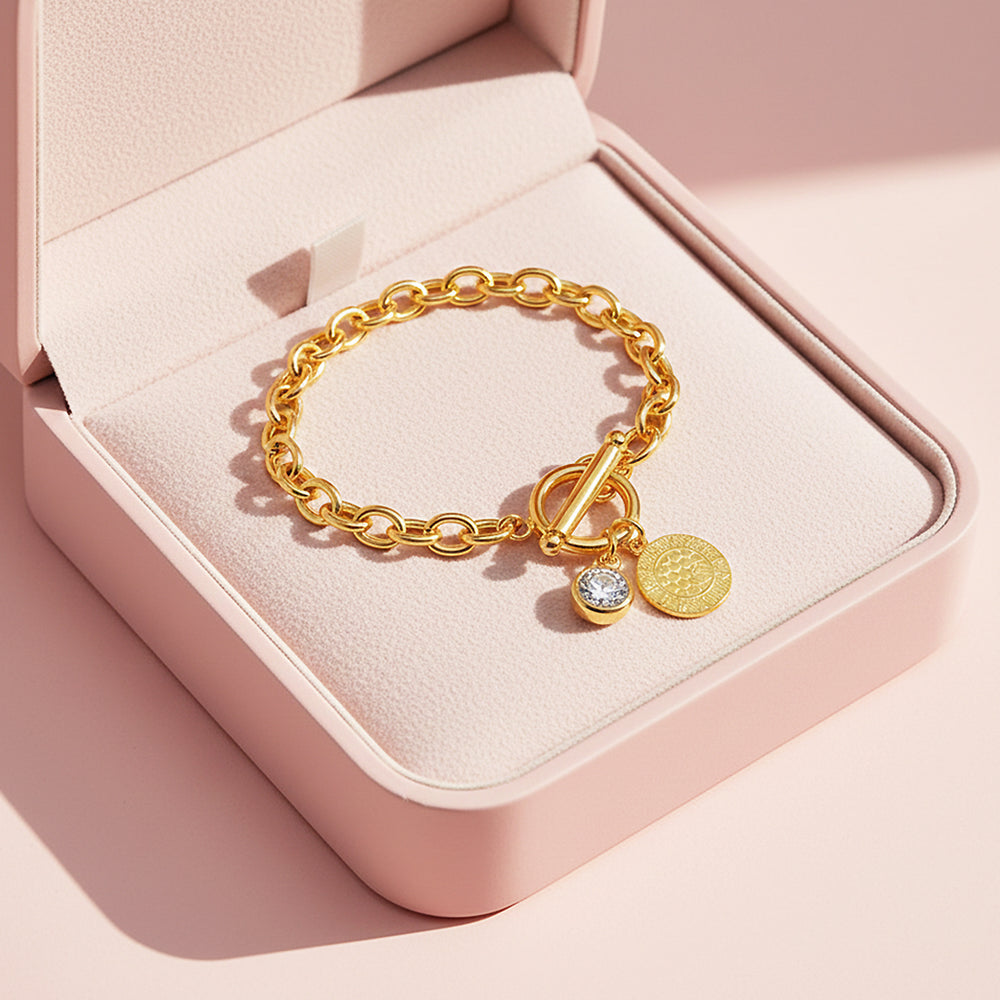 Gold Coin Toggle Link Bracelet | Moissanite | Prm9143 - Bracelets | Singapore Jewellery, Wedding Rings & Gifts | Same Day Delivery | Tiara.com.sg