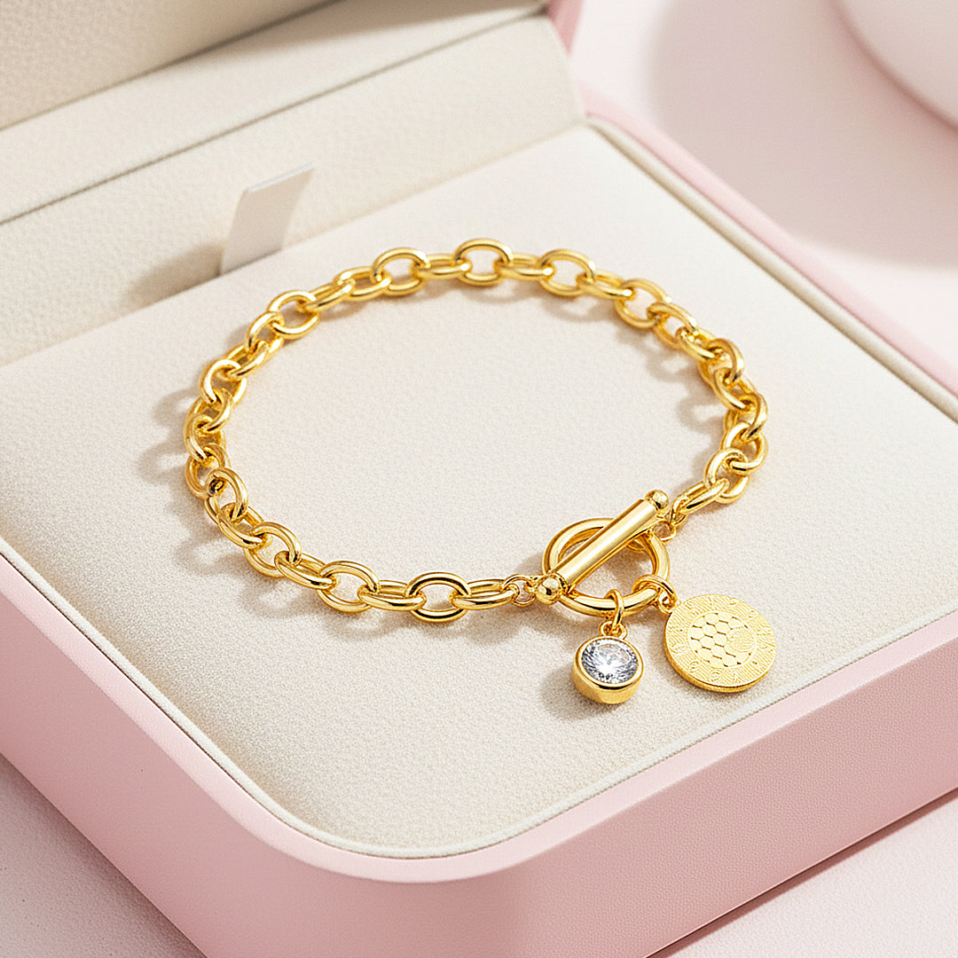 Gold Coin Toggle Link Bracelet | Moissanite | Prm9143 - Bracelets | Singapore Jewellery, Wedding Rings &amp; Gifts | Same Day Delivery | Tiara.com.sg