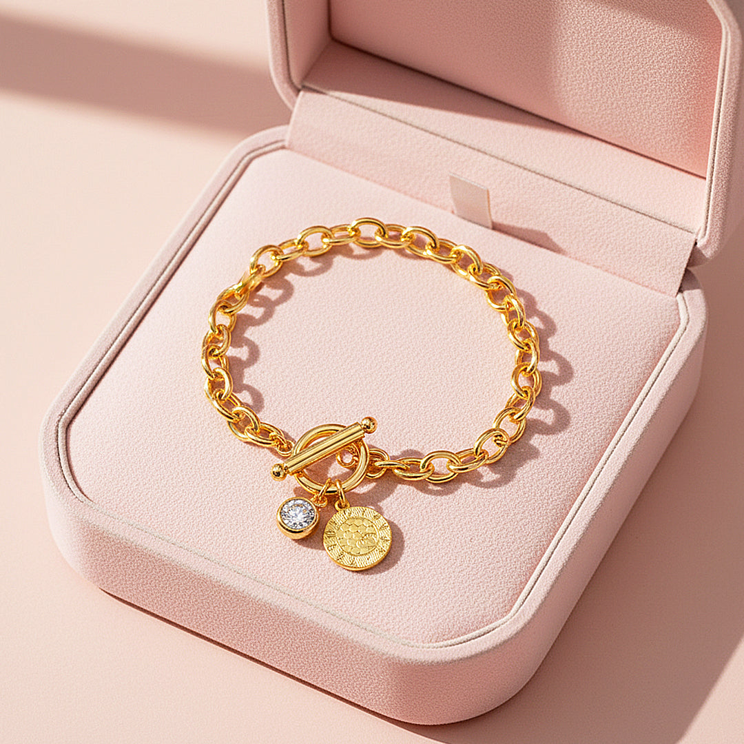Gold Coin Toggle Link Bracelet | Moissanite | Prm9143 - Bracelets | Singapore Jewellery, Wedding Rings &amp; Gifts | Same Day Delivery | Tiara.com.sg
