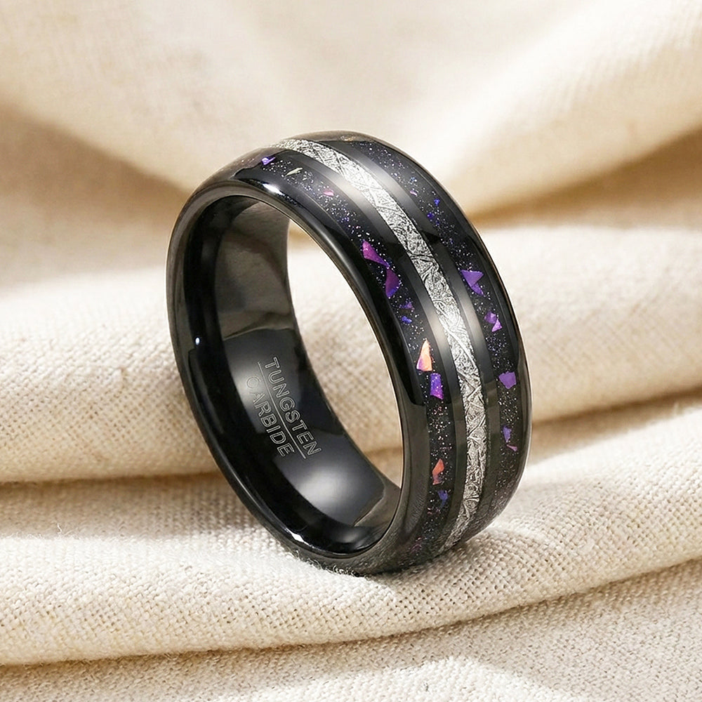 Purple Stars Polished Meteorite Purple Opal Inlay Black Tungsten Carbide Ring - Ring | Singapore Jewellery, Wedding Rings & Gifts | Same Day Delivery | Tiara.com.sg