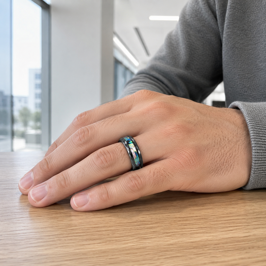 Quartz | Faceted Black Abalone Shell Inlay Tungsten Carbide Men&