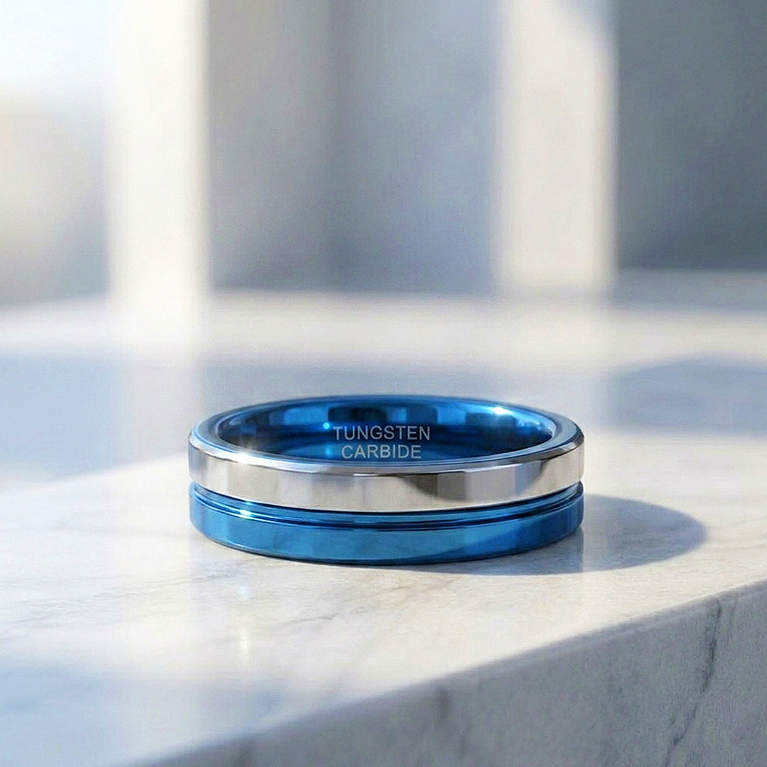 Revel | Asymmetrical High Polish Silver and Blue Dual Tone Tungsten Carbide