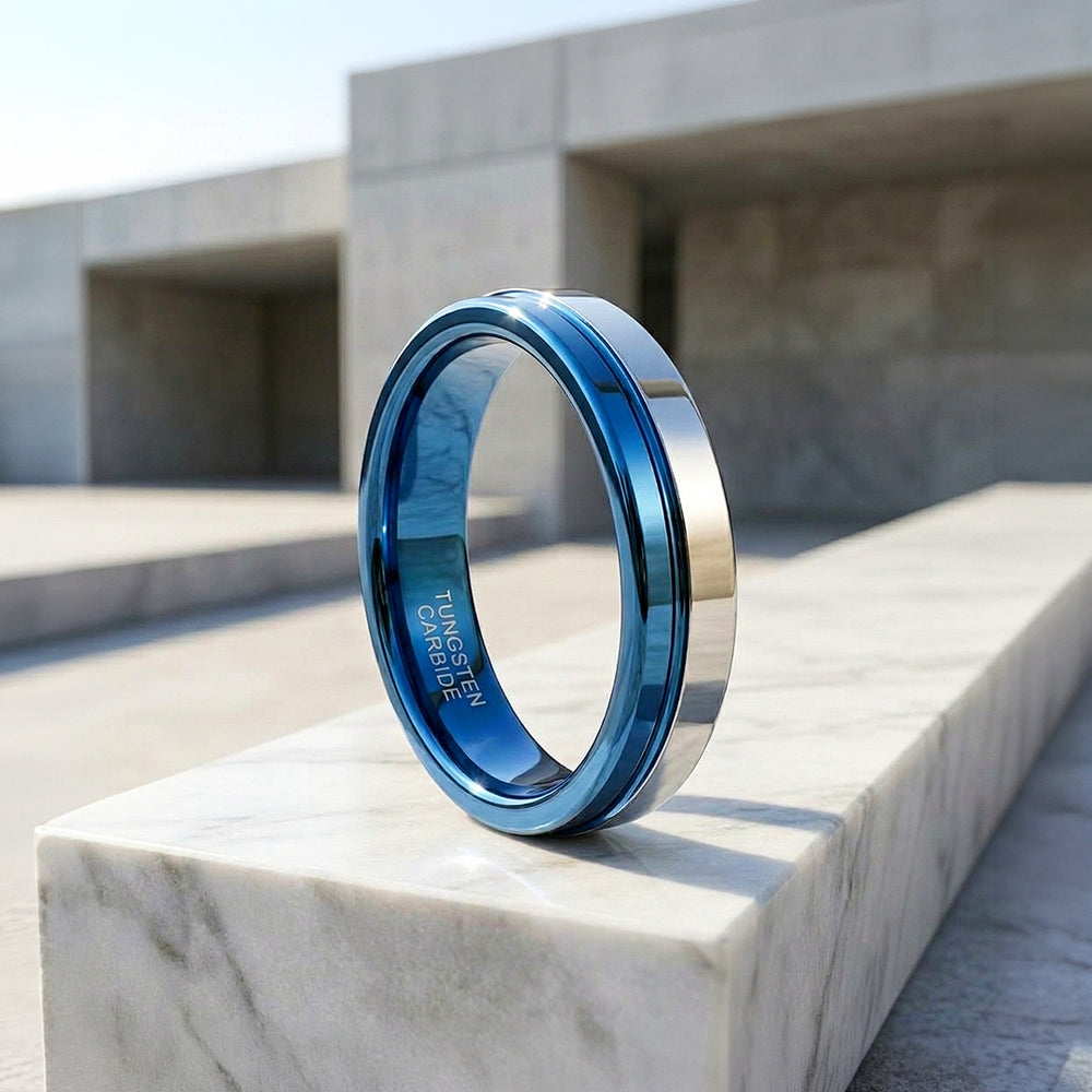 Revel | Asymmetrical High Polish Silver and Blue Dual Tone Tungsten Carbide