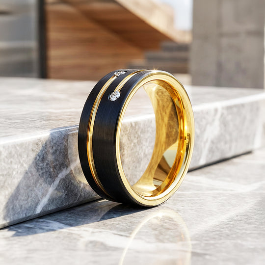 Rich Brushed Gold Groove Dual Stone Black Tungsten Carbide Ring