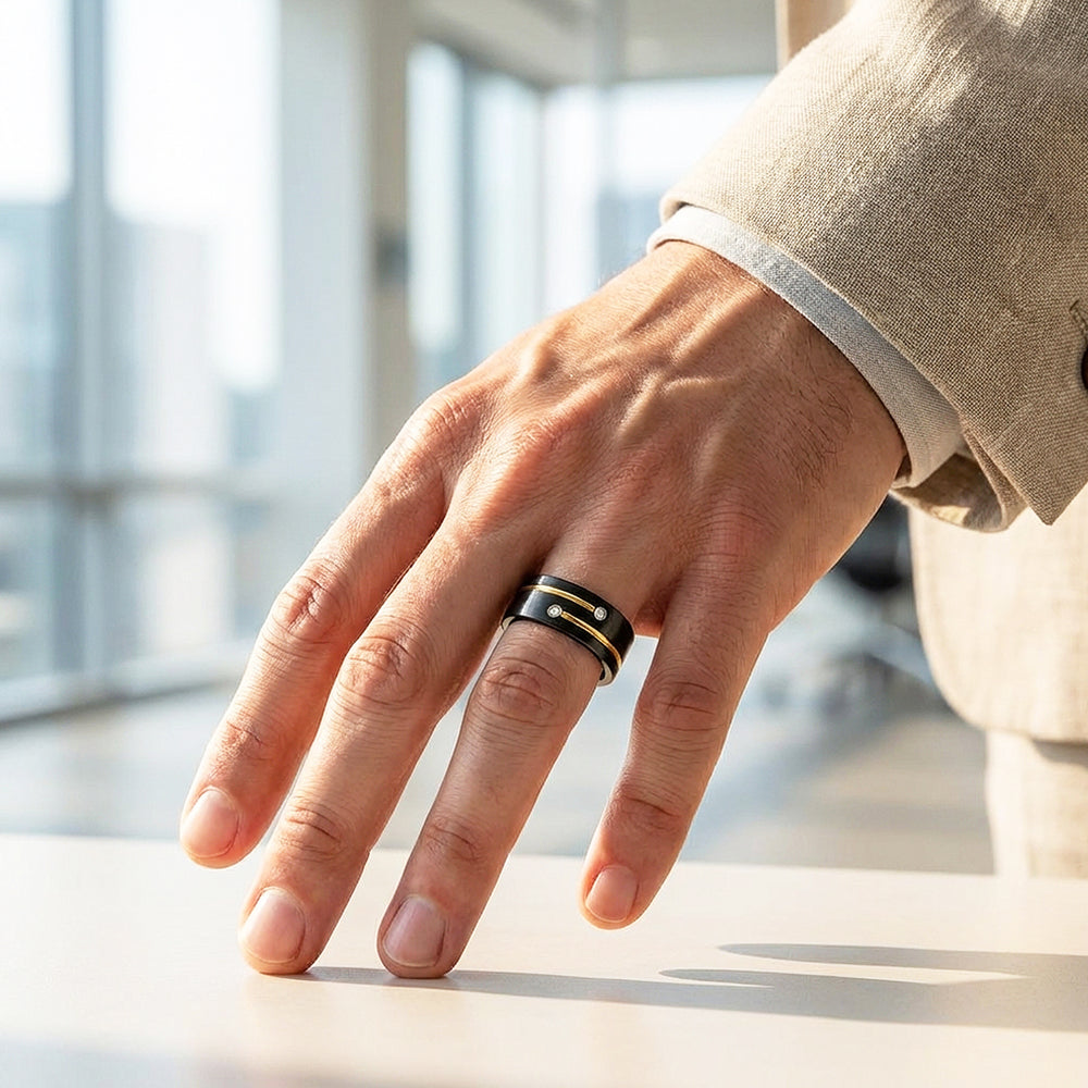 Rich | Brushed Gold Groove Dual Stone Black Tungsten Carbide Men's Ring