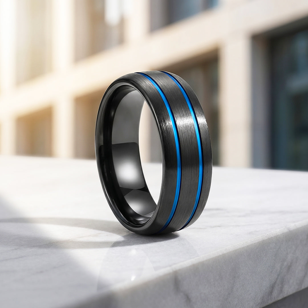 Ridley | Brushed Black Dual Blue Groove Tungsten Carbide Men&