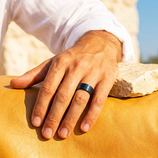 Ridley | Brushed Black Dual Blue Groove Tungsten Carbide Men&