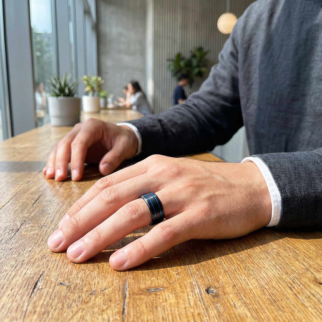 Ridley | Brushed Black Dual Blue Groove Tungsten Carbide Men&