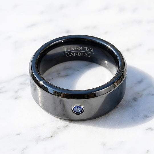 Sage Polished Blue Solitaire Black Tungsten Carbide Ring
