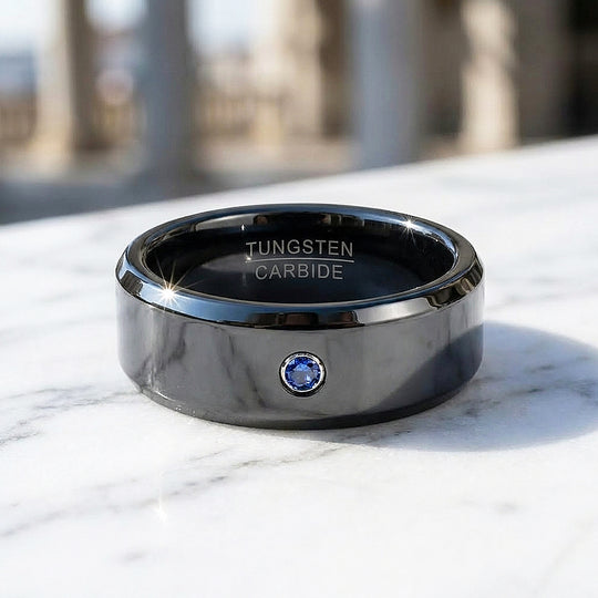 Sage Polished Blue Solitaire Black Tungsten Carbide Ring
