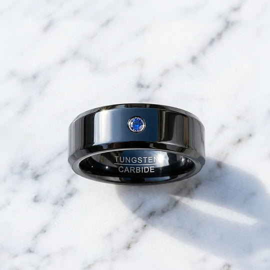 Sage Polished Blue Solitaire Black Tungsten Carbide Ring