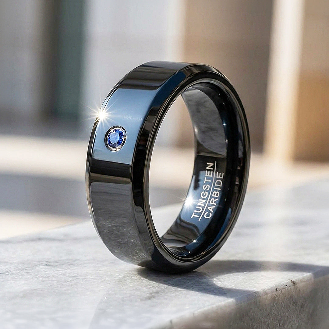 Sage Polished Blue Solitaire Black Tungsten Carbide Ring