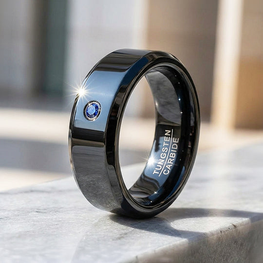 Sage Polished Blue Solitaire Black Tungsten Carbide Ring