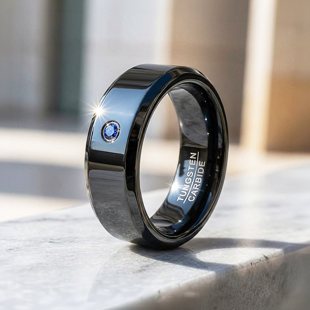 Sage Polished Blue Solitaire Black Tungsten Carbide Ring