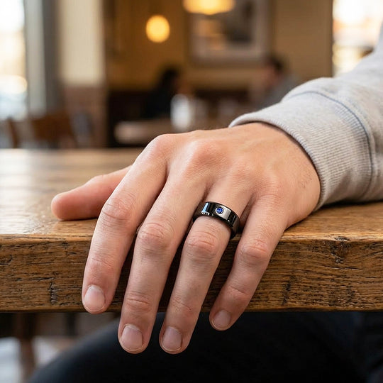 Sage Polished Blue Solitaire Black Tungsten Carbide Ring