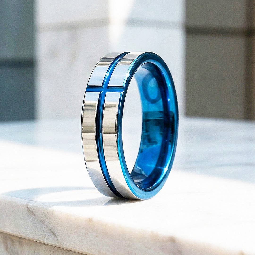 Sloane | Blue Groove Silver Tungsten Ring | Men&