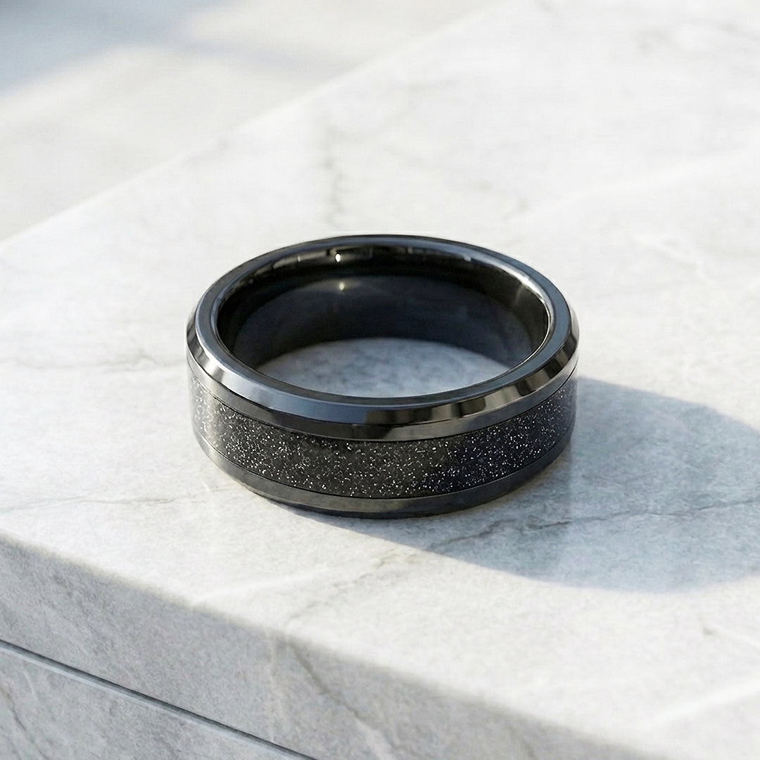 Stars in the Night Polished Glitter Inlay Black Tungsten Carbide Ring - Ring | Singapore Jewellery, Wedding Rings &amp; Gifts | Same Day Delivery | Tiara.com.sg