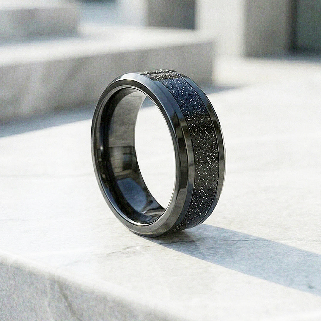 Stars in the Night Polished Glitter Inlay Black Tungsten Carbide Ring - Ring | Singapore Jewellery, Wedding Rings &amp; Gifts | Same Day Delivery | Tiara.com.sg