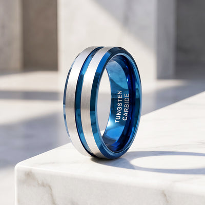 Straton | Brushed Silver & Blue Two-Tone Groove Tungsten Carbide Men's Ring