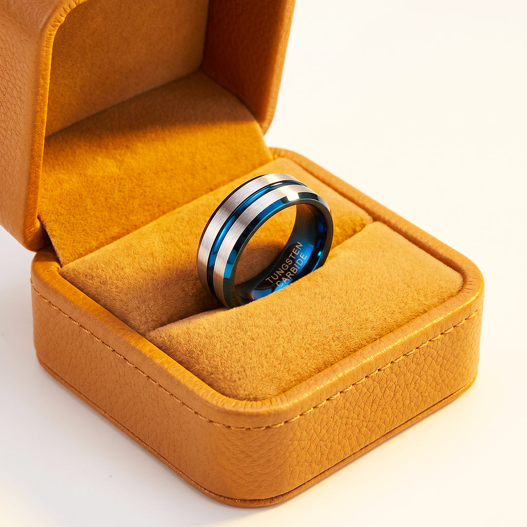 Straton | Brushed Silver &amp; Blue Two-Tone Groove Tungsten Carbide Men&