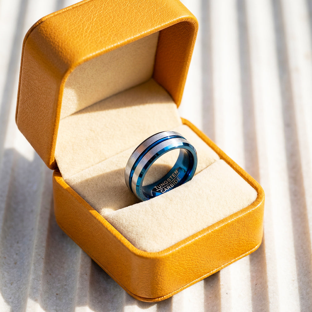 Straton | Brushed Silver & Blue Two-Tone Groove Tungsten Carbide Men's Ring