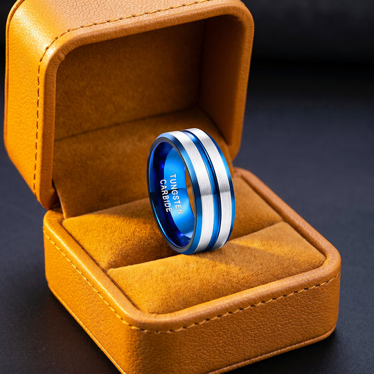 Straton | Brushed Silver &amp; Blue Two-Tone Groove Tungsten Carbide Men&