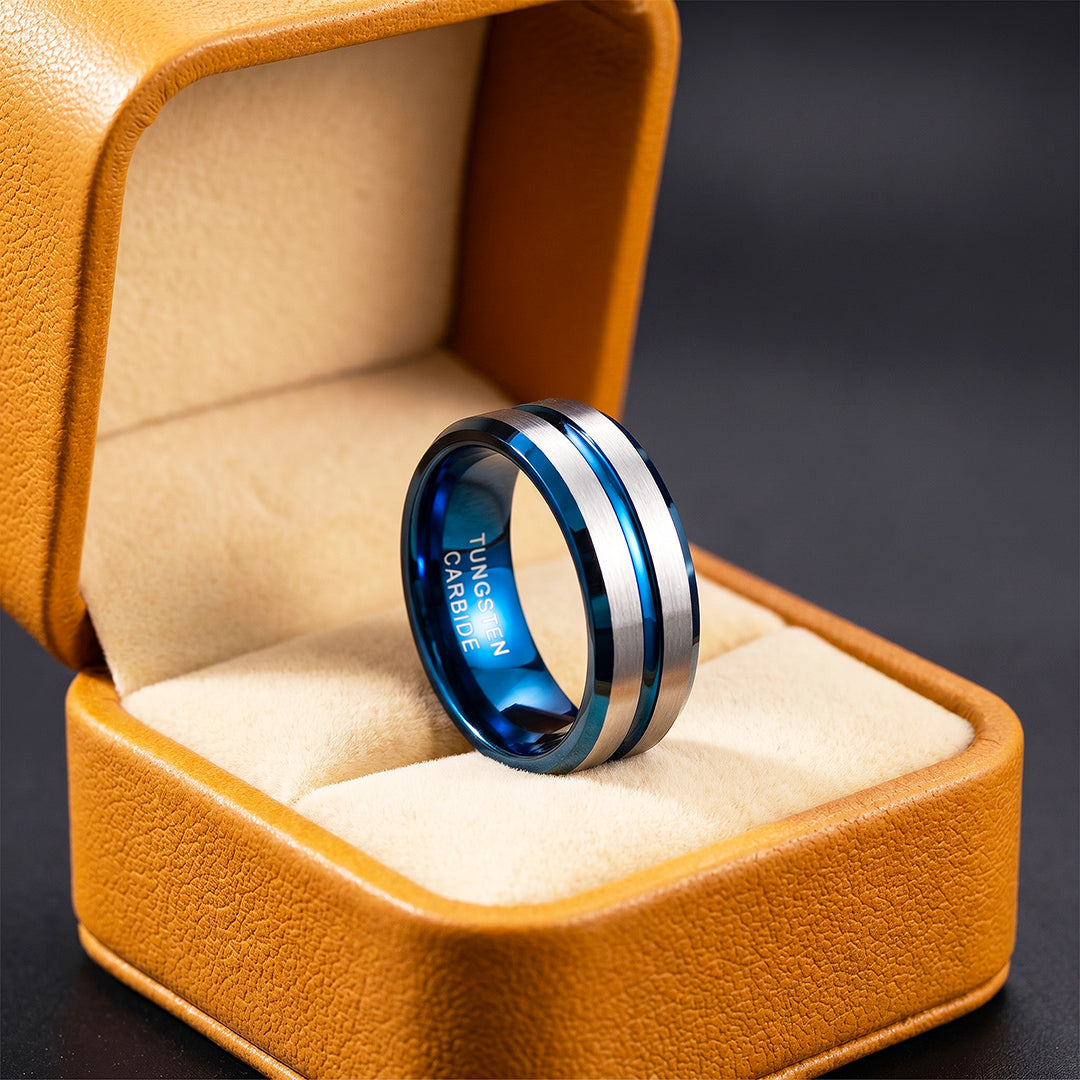 Straton | Brushed Silver &amp; Blue Two-Tone Groove Tungsten Carbide Men&