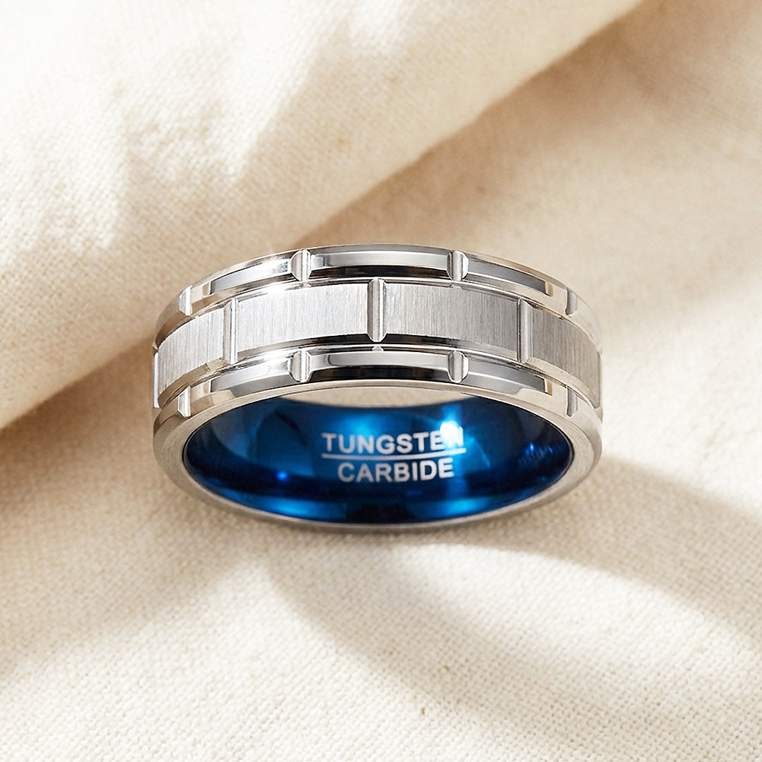 Titan Brushed Brick Pattern Blue Interior Tungsten Carbide Ring - Ring | Singapore Jewellery, Wedding Rings &amp; Gifts | Same Day Delivery | Tiara.com.sg