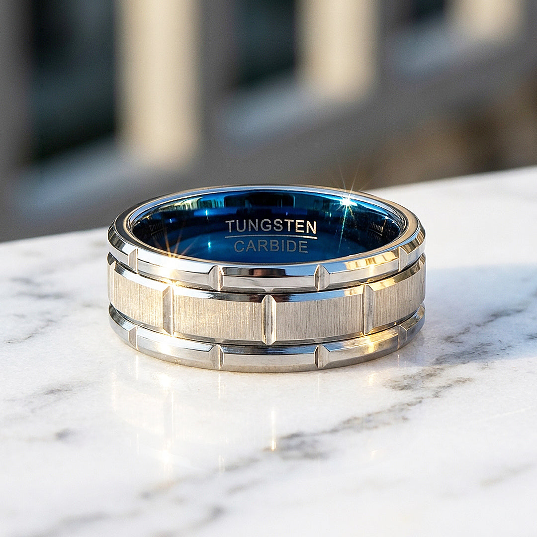Titan Brushed Brick Pattern Blue Interior Tungsten Carbide Ring - Ring | Singapore Jewellery, Wedding Rings &amp; Gifts | Same Day Delivery | Tiara.com.sg