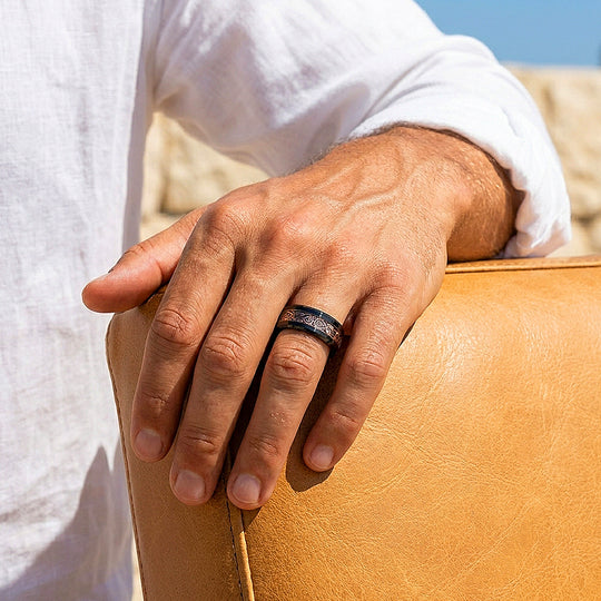 Trilogy | Celtic Rose Gold Carbon Fibre Inlay Black Tungsten Carbide | Men&