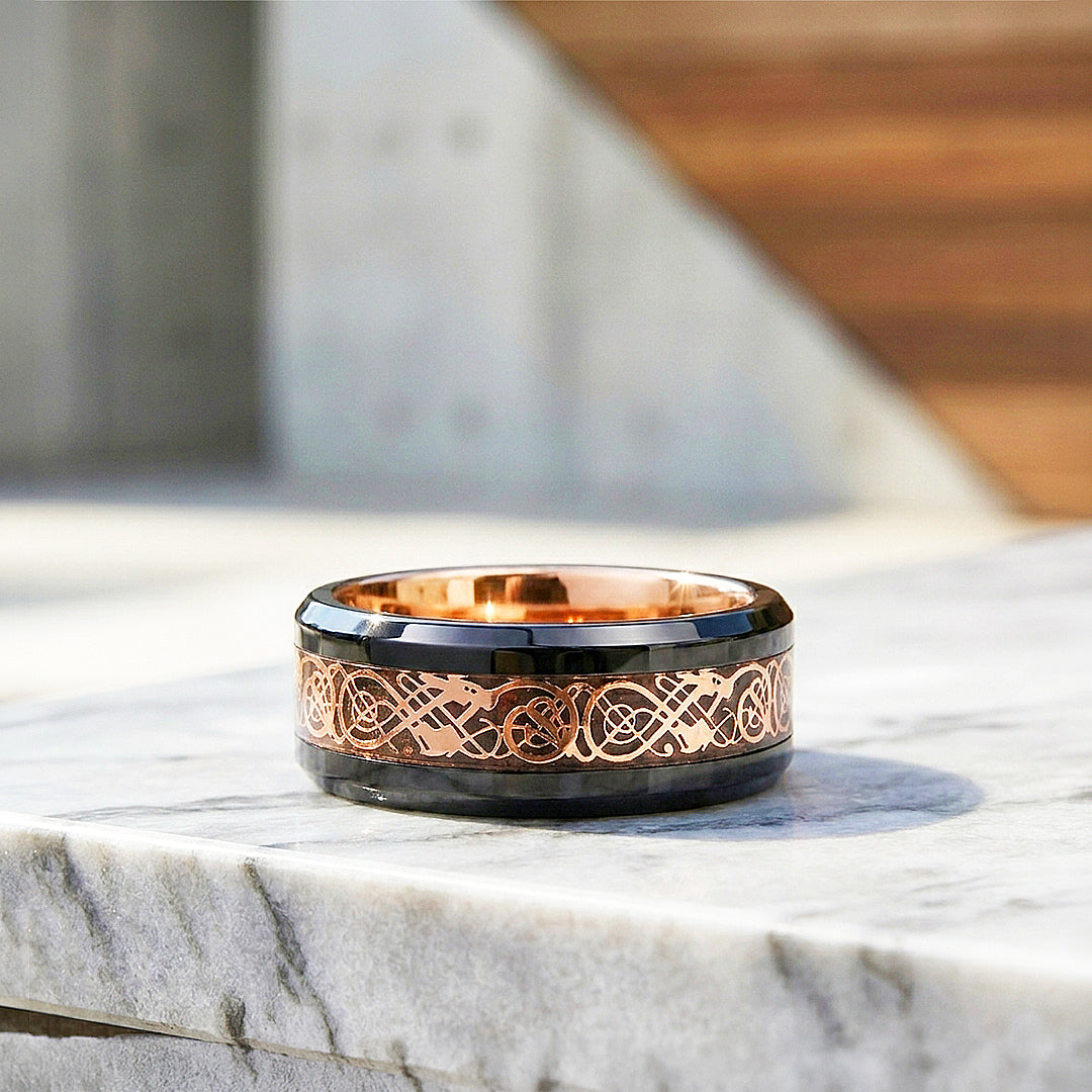 Trilogy | Celtic Rose Gold Carbon Fibre Inlay Black Tungsten Carbide | Men&