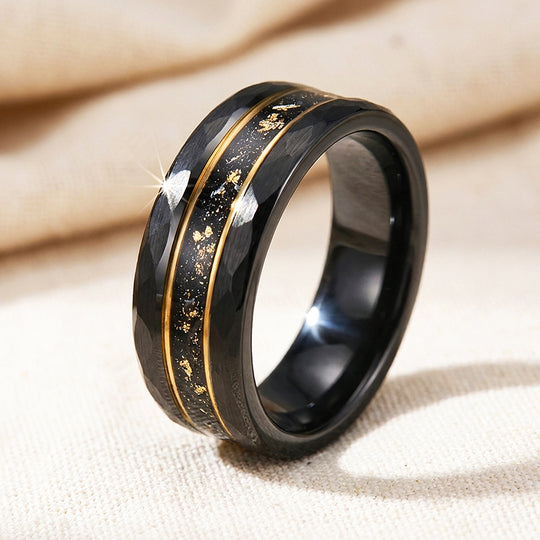 Vantigold Hammered Gold Flake Inlay Black Tungsten Carbide Ring - Ring | Singapore Jewellery, Wedding Rings &amp; Gifts | Same Day Delivery | Tiara.com.sg