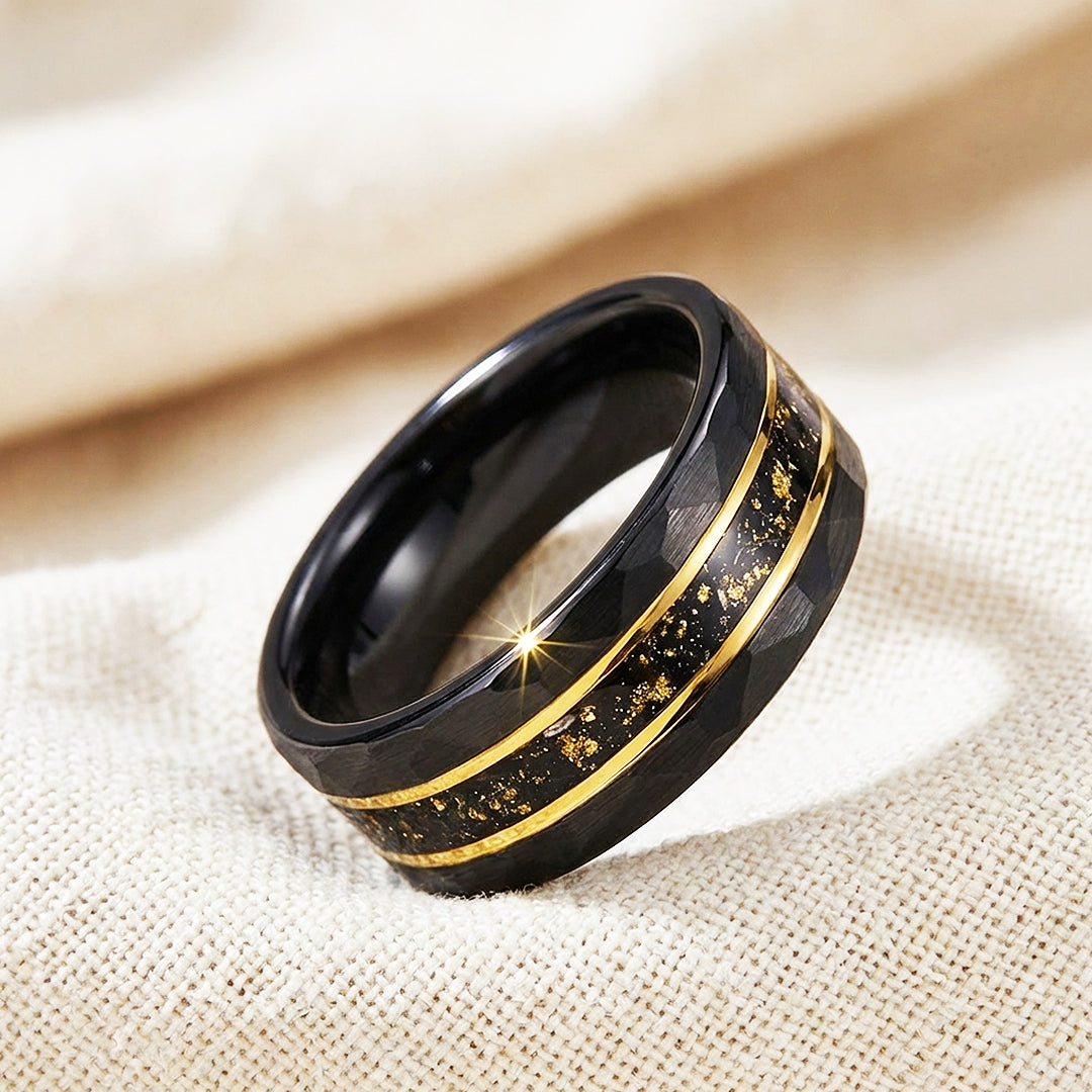 Vantigold Hammered Gold Flake Inlay Black Tungsten Carbide Ring - Ring | Singapore Jewellery, Wedding Rings &amp; Gifts | Same Day Delivery | Tiara.com.sg