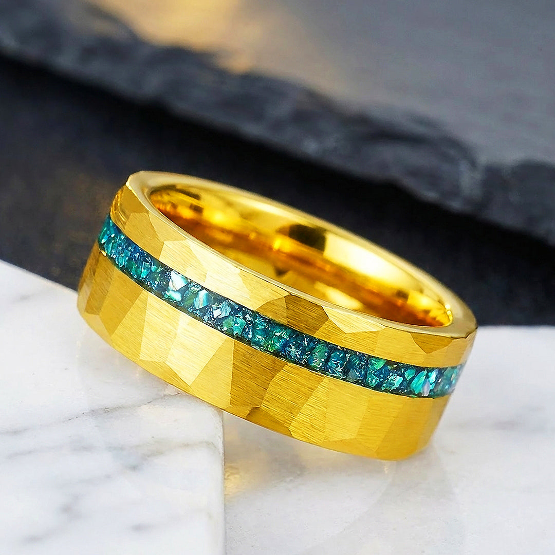 Veridian Hammered Gold Teal Inlay Tungsten Carbide Ring - Ring | Singapore Jewellery, Wedding Rings &amp; Gifts | Same Day Delivery | Tiara.com.sg