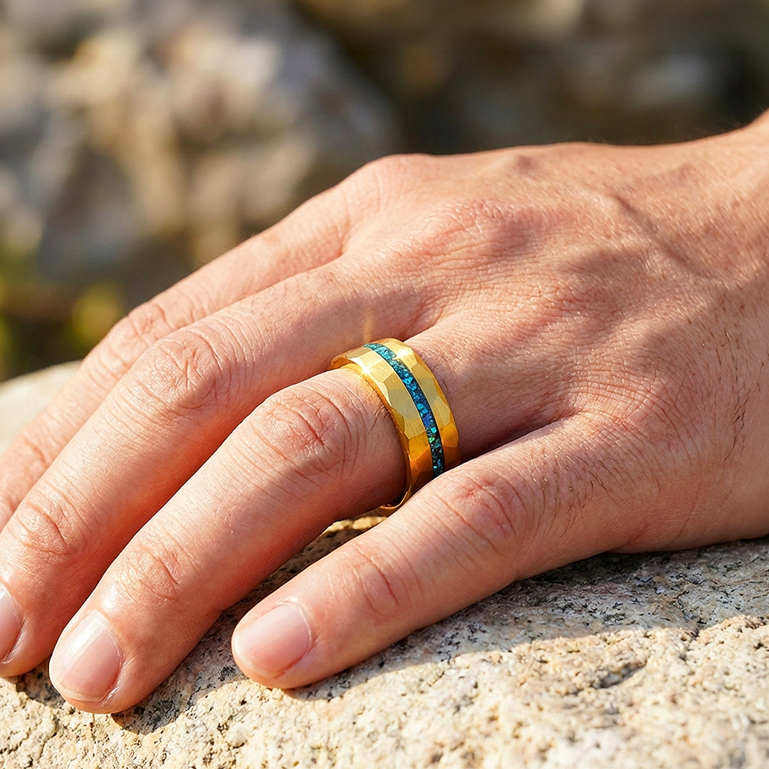 Veridian Hammered Gold Teal Inlay Tungsten Carbide Ring - Ring | Singapore Jewellery, Wedding Rings &amp; Gifts | Same Day Delivery | Tiara.com.sg