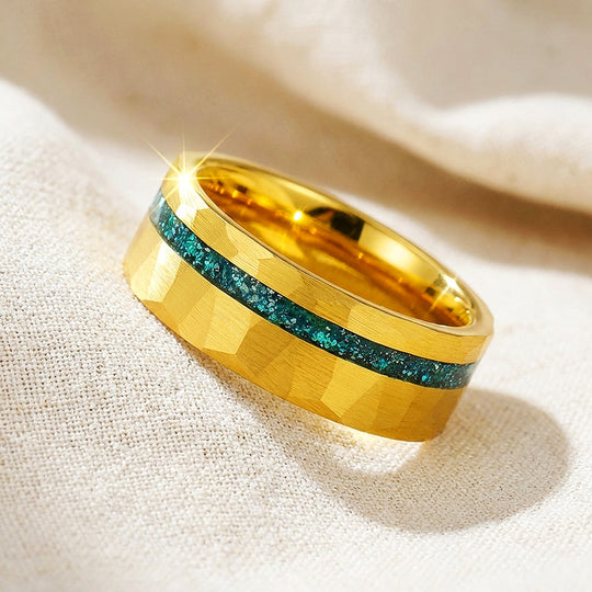 Veridian Hammered Gold Teal Inlay Tungsten Carbide Ring - Ring | Singapore Jewellery, Wedding Rings &amp; Gifts | Same Day Delivery | Tiara.com.sg