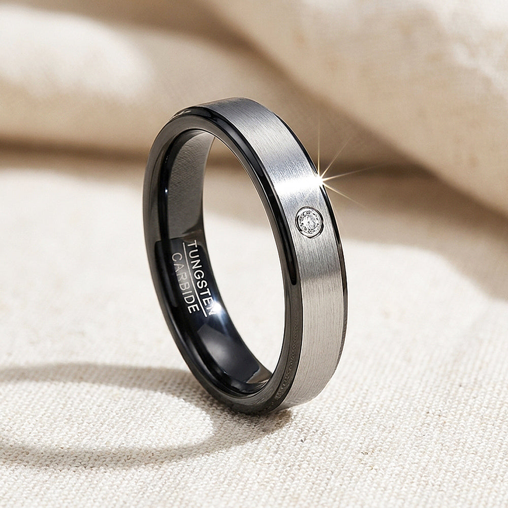 Yoda Brushed Solitaire Black Edge Tungsten Carbide Ring - Ring | Singapore Jewellery, Wedding Rings & Gifts | Same Day Delivery | Tiara.com.sg
