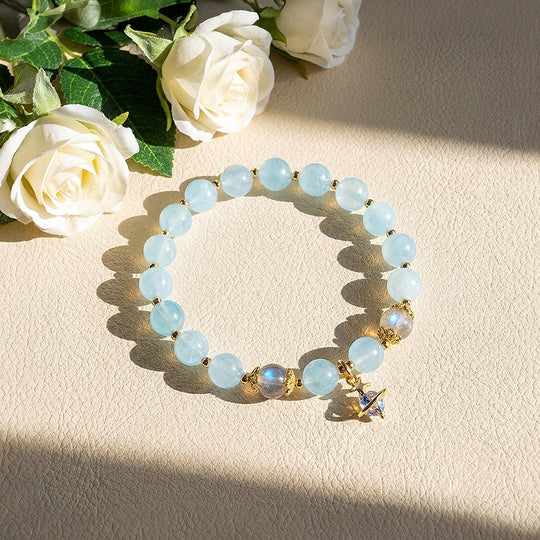 Aquamarine &amp; Grey Moonstone Serenity Natural Crystal Bracelet | C147