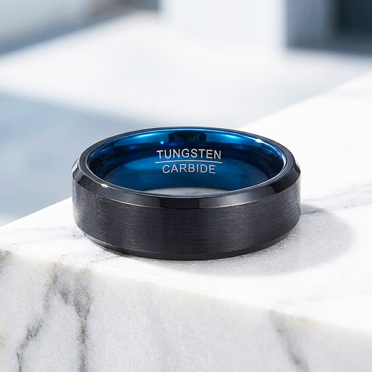 Gadget | Black Matte Bevelled Edge Blue Interior Tungsten Carbide | Men&