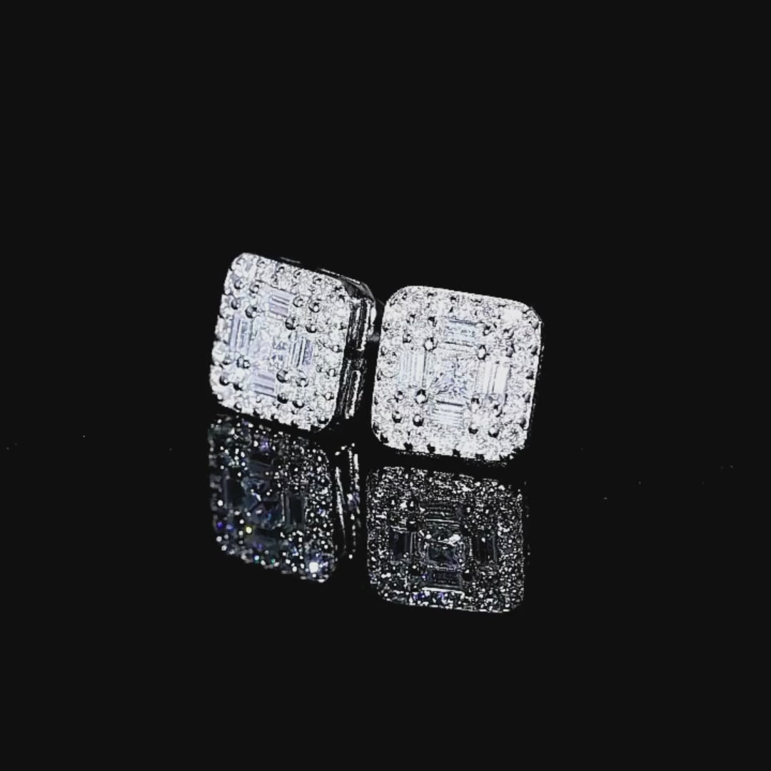 Square Halo Cluster Stud Earrings | Moissanite | 14K Gold Plated 925 Sterling Silver | Prm8125