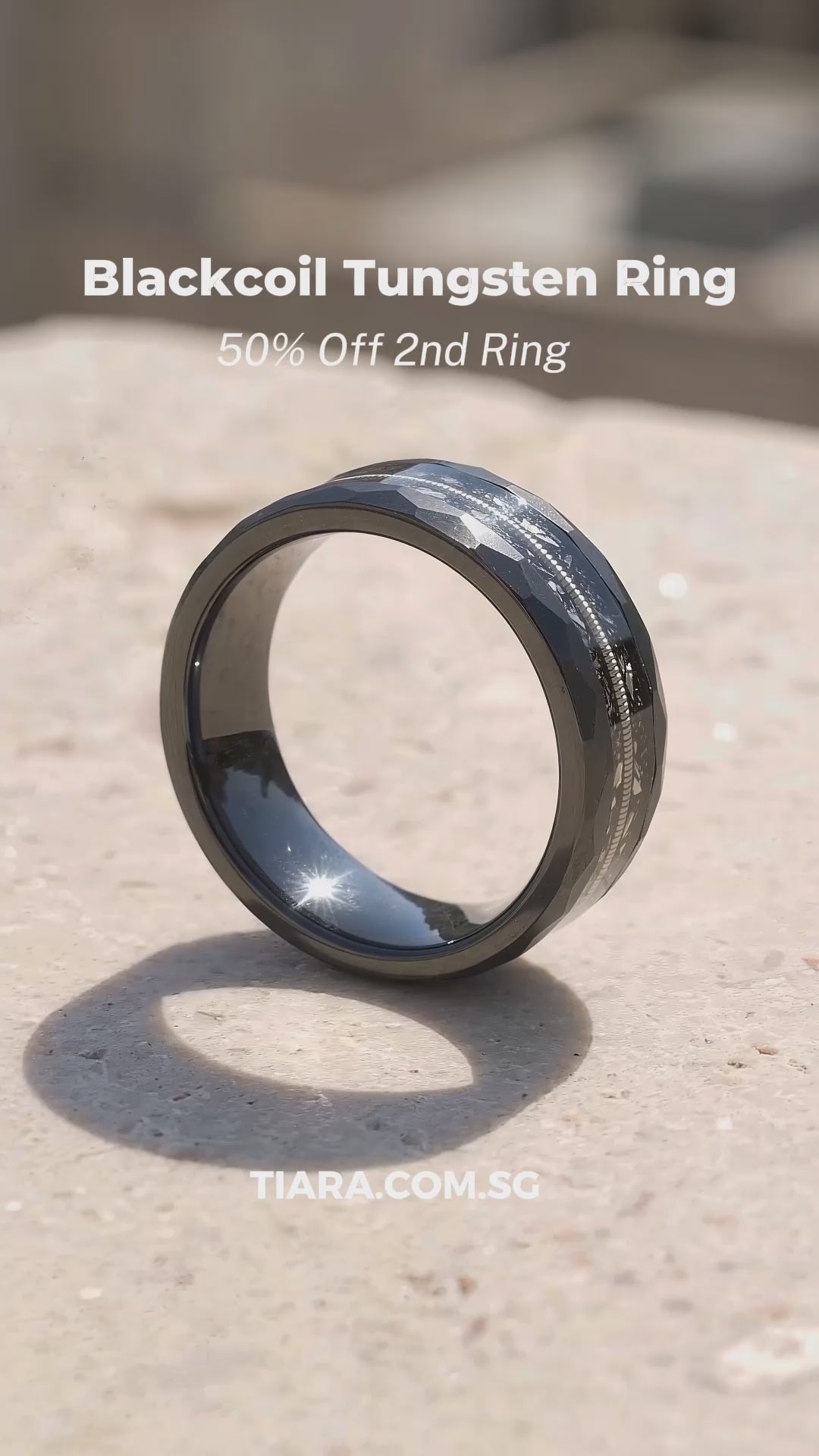 Blackcoil Hammered Guitar String Meteorite Tungsten Carbide Ring | Men&