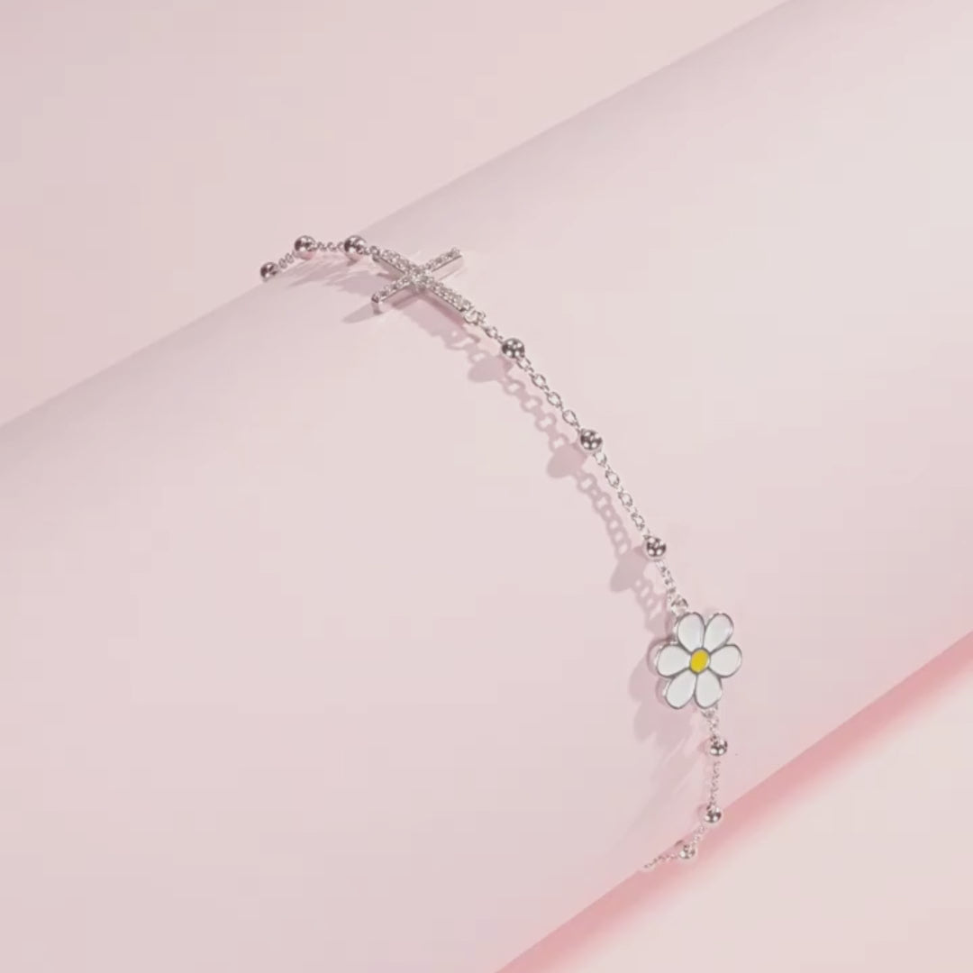 Daisy Cross Bead Link Bracelet | Diamond Simulant | 925 Sterling Silver | Prm9113