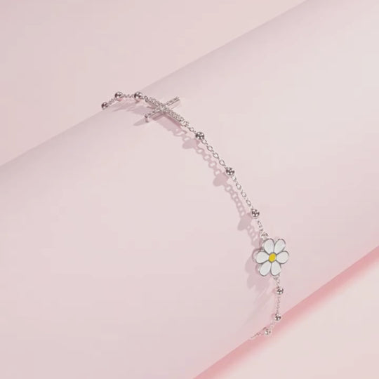 Daisy Cross Bead Link Bracelet | Diamond Simulant | 925 Sterling Silver | Prm9113