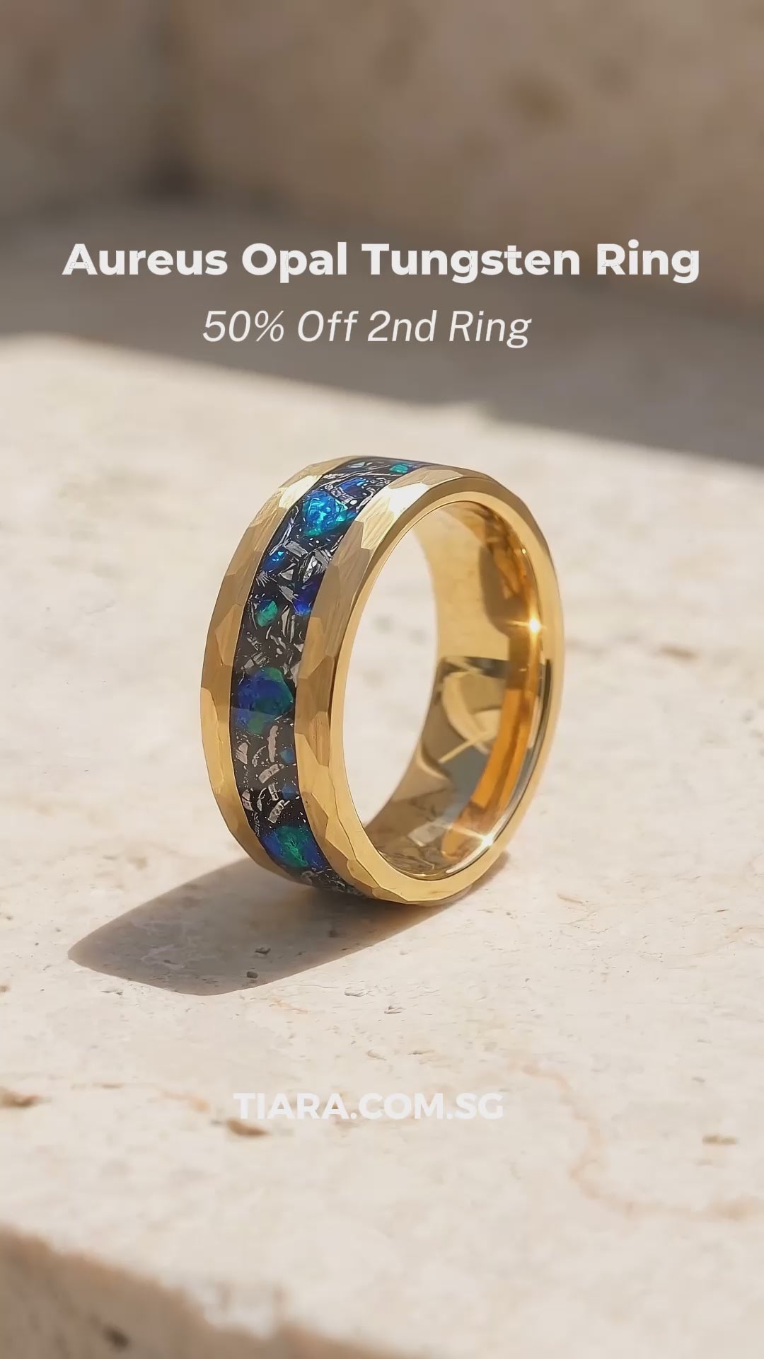 Aureus Opal Hammered Gold Opal Inlay Tungsten Carbide Ring | Men&